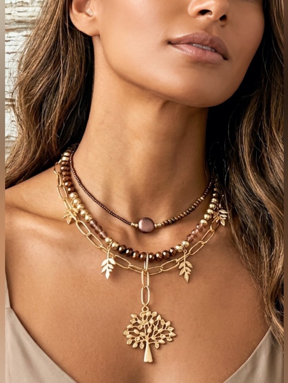 Rustic Orange  Glass Beads In 3- Strand Layered Gold Plated Paperclip Necklace